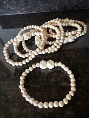 Neutral Wooden Bead Rings with Geometric Accent. A Set of 8. Magnet close. New!